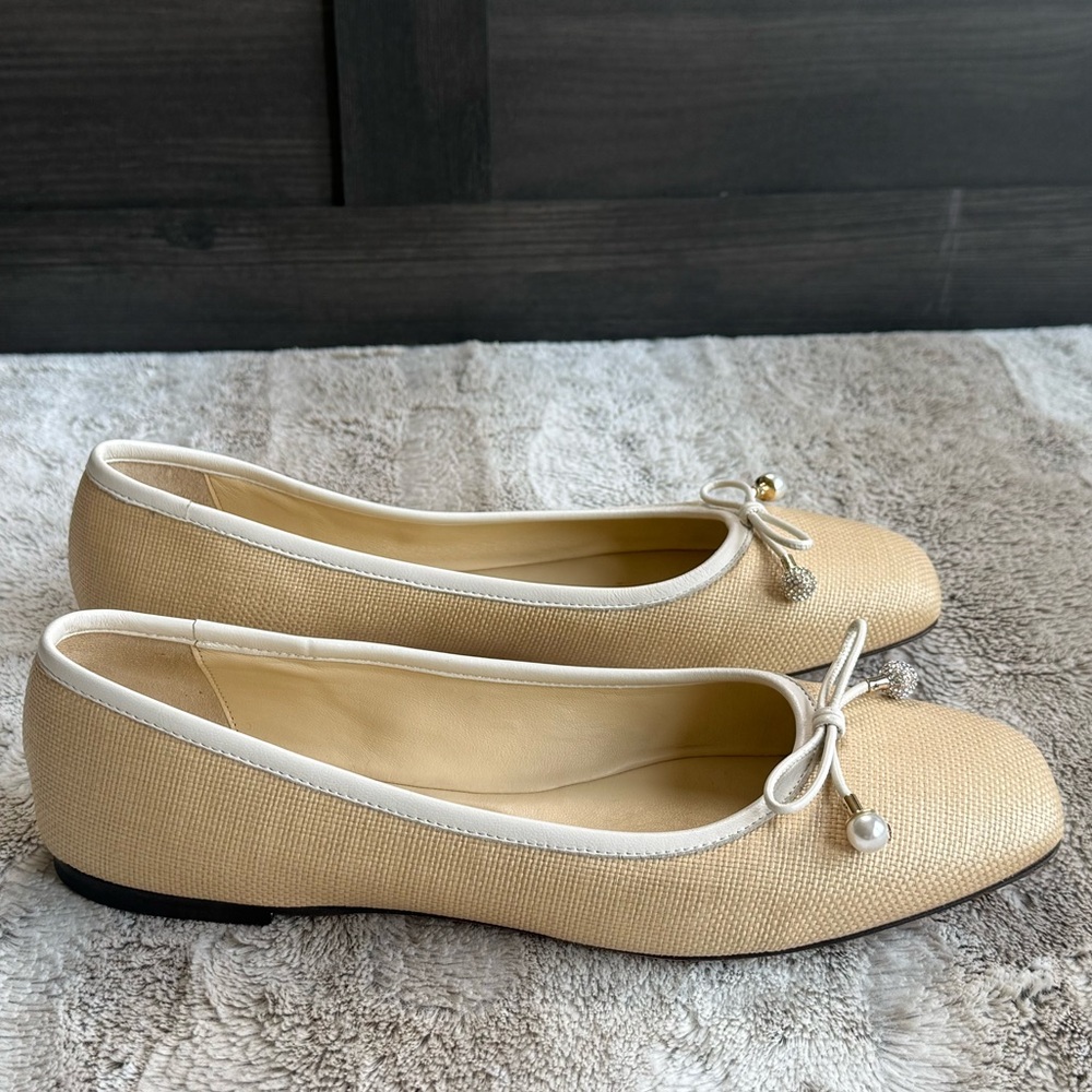 JIMMY CHOO Elme embellished leather-trimmed raffia ballet flats Size IT 39.5 - Picture 9 of 15